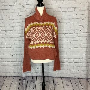 SO Rust Oversized Tribal Print Cowl Turtleneck Crop Sweater Small